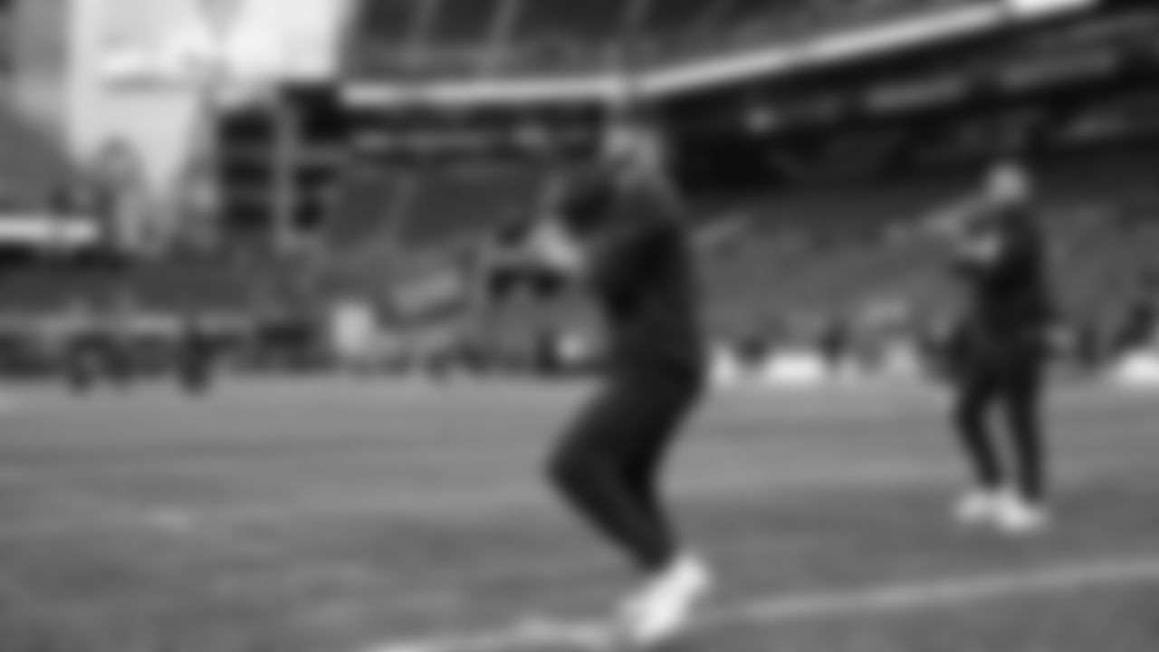 Seahawks quarterback Sam Darnold (14) during pregame warmups at Lumen Field for the Week 7 matchup vs. Houston Texans on Monday Night Football.