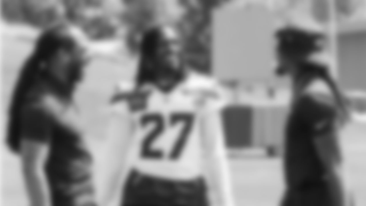 Seahawks Legend Richard Sherman with cornerback Riq Woolen (27) and defensive assistant Neiko Thorpe on day two of minicamp on Wednesday, June 11, 2025 at the Virginia Mason Athletic Center.