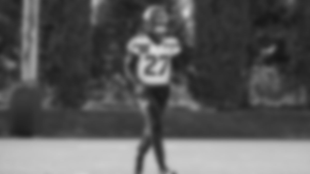 Seahawks cornerback Riq Woolen (27) practiced on Friday, November 7, 2025 at the Virginia Mason Athletic Center.
