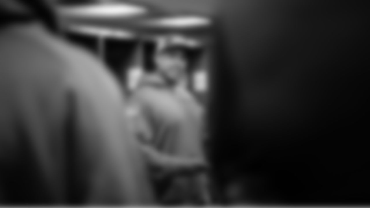 Seahawks defensive coordinator Aden Durde talks with the defense in the locker room two hours before kickoff.