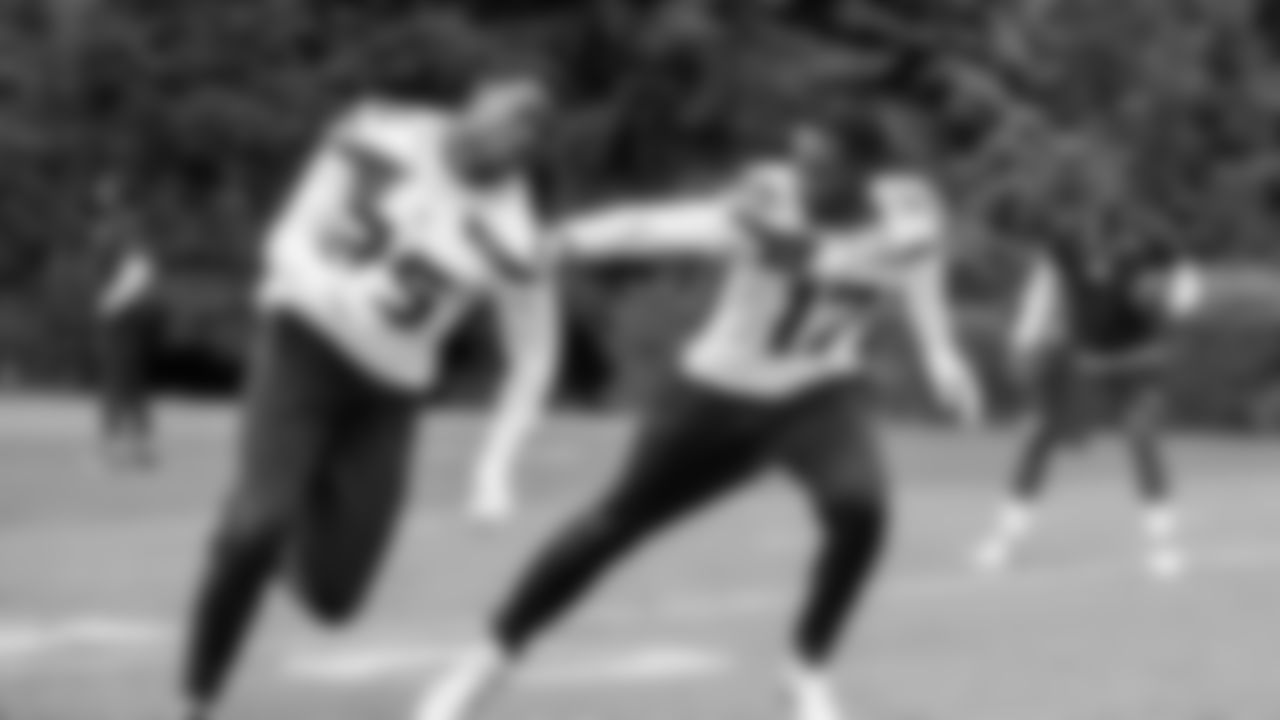 Seahawks cornerback Zy Alexander (17) and cornerback Isas Waxter (36) participated in a workout on May 21, 2025 at the Virginia Mason Athletic Center.