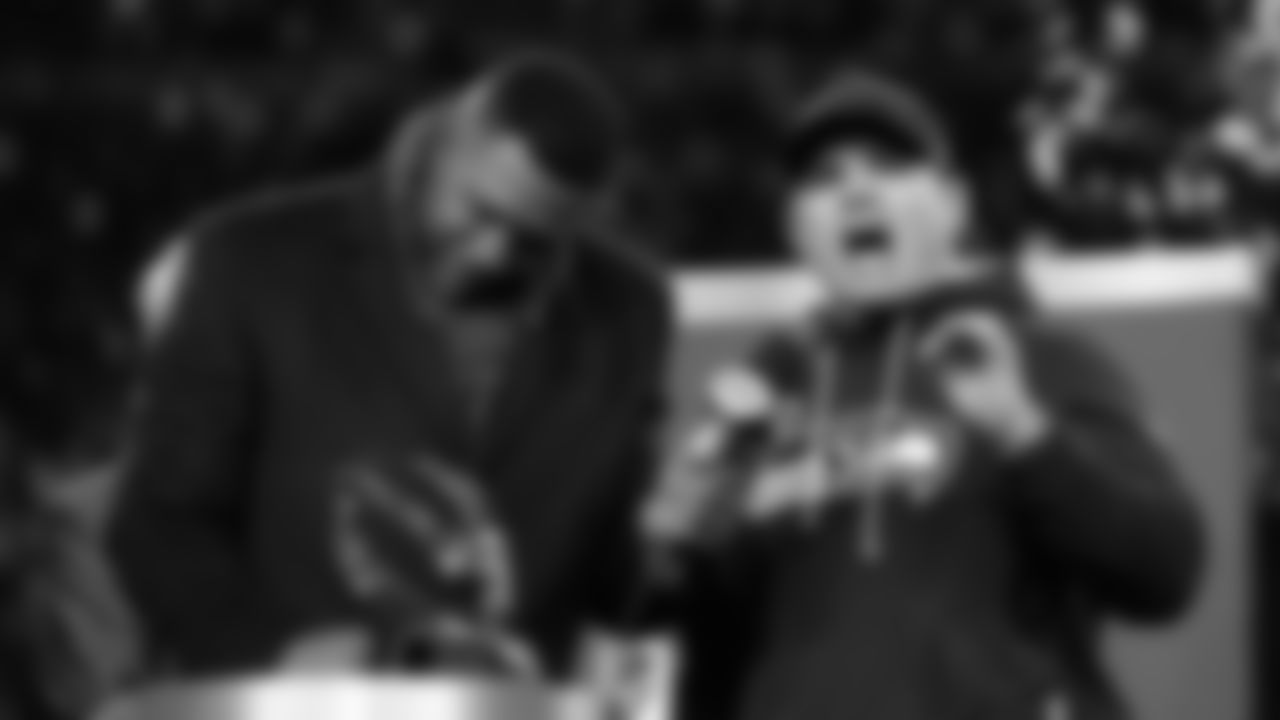 Michael Strahan left stands next to Seattle Seahawks head coach Mike Macdonald after a win over Los Angeles Rams in the NFC Championship NFL football game Sunday, Jan. 25, 2026, in Seattle. (AP Photo/Godofredo A. Vásquez)