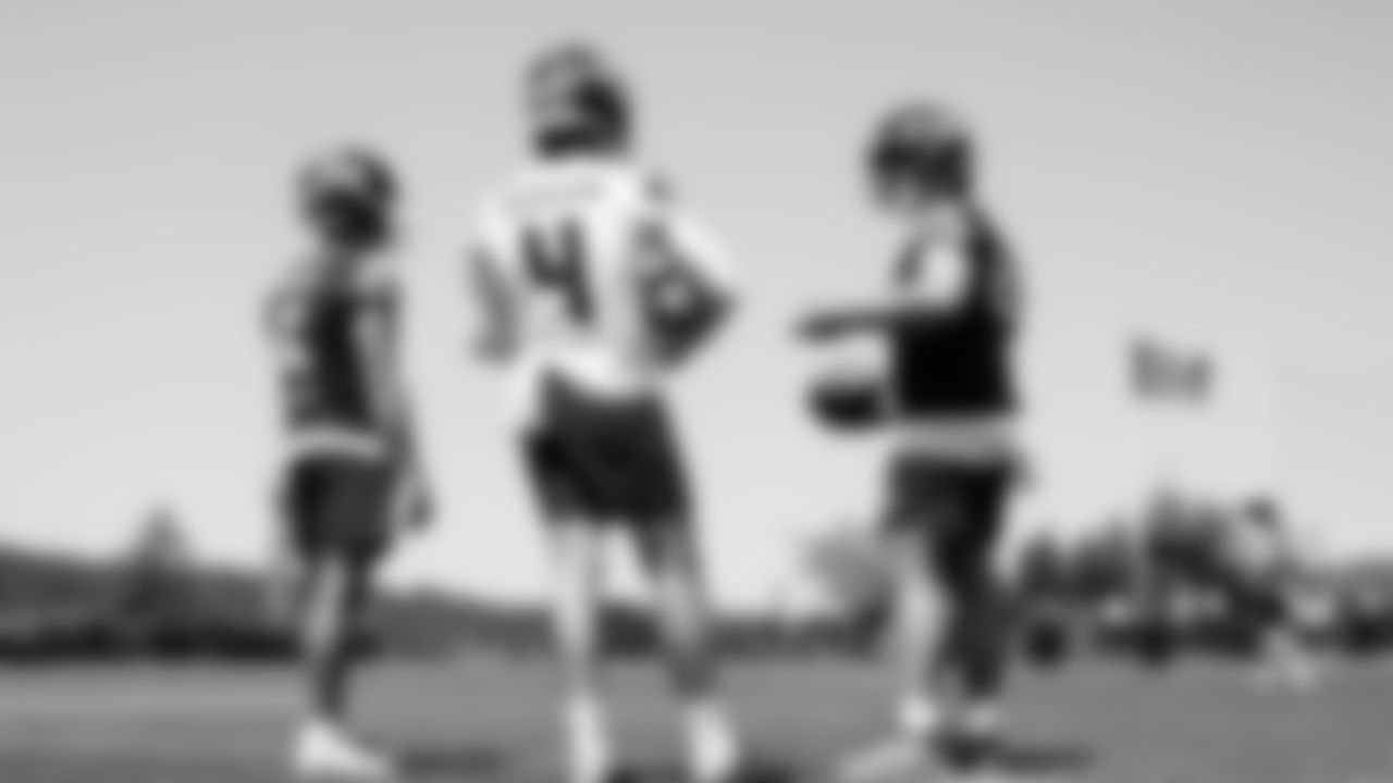 Seahawks kicker Jason Myers (5), punter Michael Dickson (4) and long snapper Chris Stoll (41) participated in a workout on day four of OTAs on Monday, June 2, 2025 at the Virginia Mason Athletic Center.