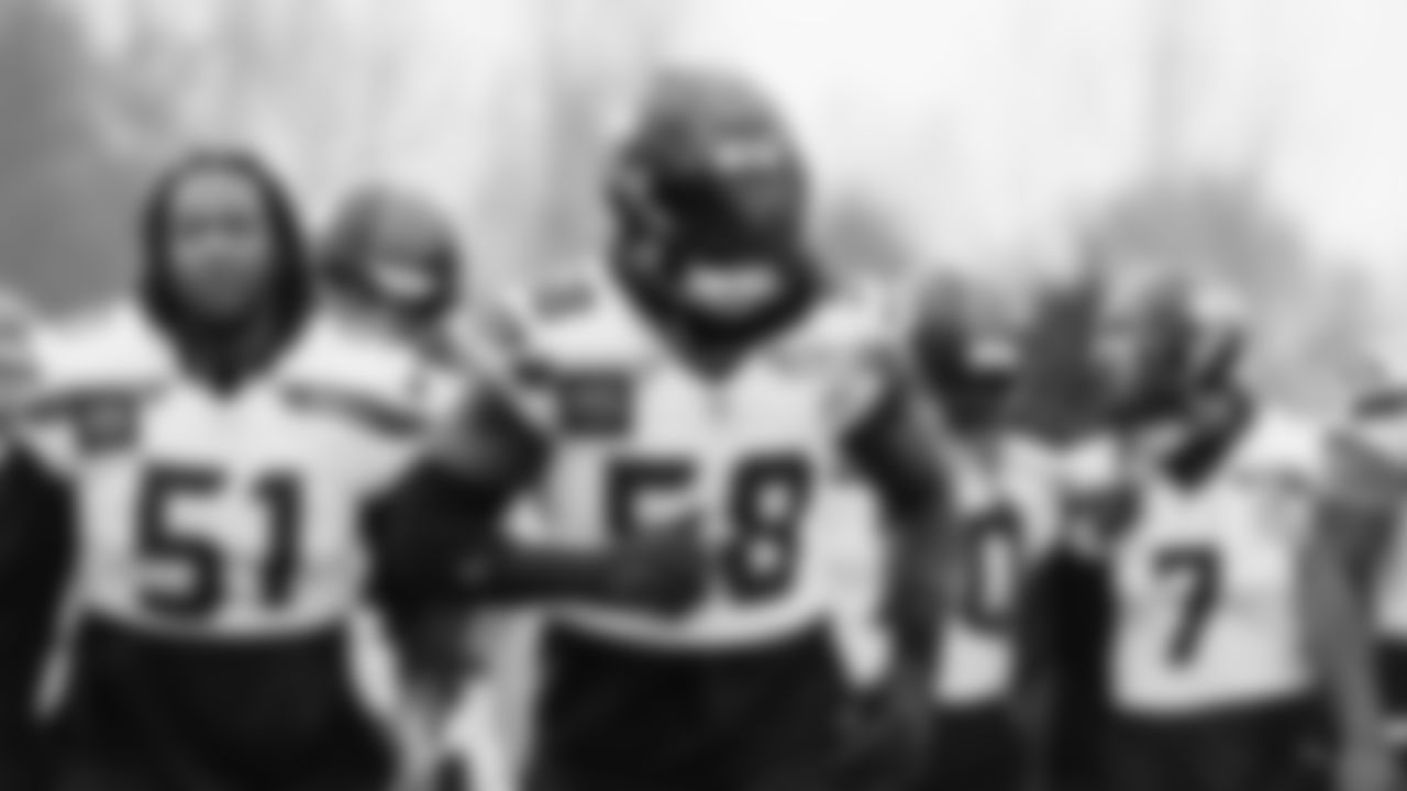 Seahawks linebacker Derick Hall (58) practiced on Thursday, January 29, 2026 at the Virginia Mason Athletic Center.