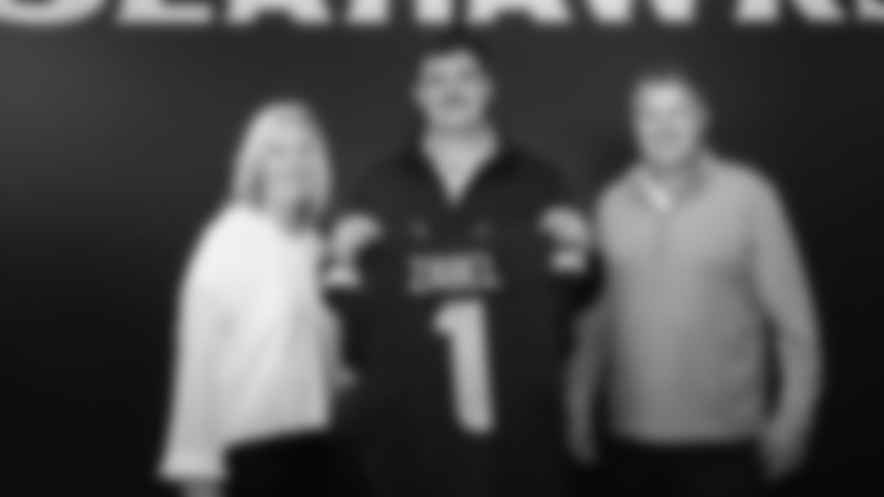 Seahawks first-round pick Grey Zabel arrived at the Virginia Mason Athletic Center on April 26, 2025.