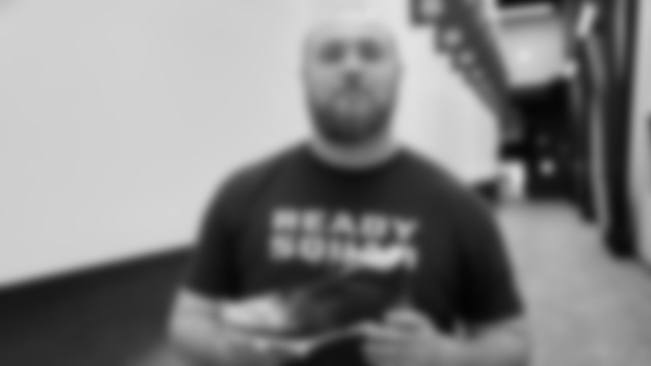 Seahawks guard Bryce Cabeldue (77) unboxed his My Cause My Cleats at the Virginia Mason Athletic Center.