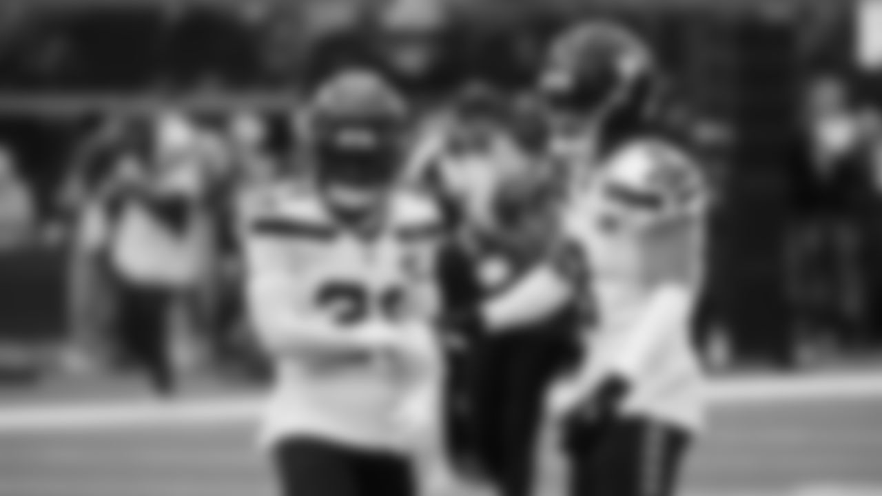 Seahawks cornerback Devon Witherspoon (21) and safety Coby Bryant (8) during pregame warmups at SoFi Stadium for the Week 11 matchup at the L.A. Rams.