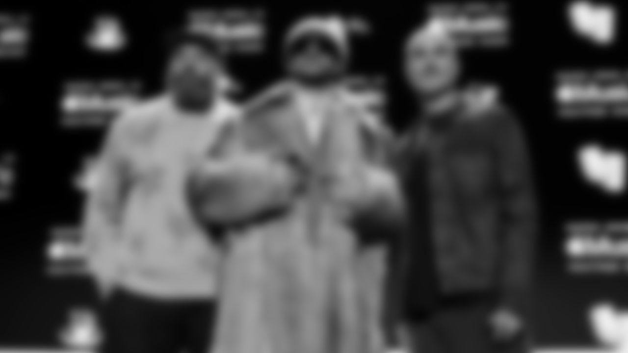 Apple Music's Ebro Darden and Zane Lowe pose for a photo with halftime performer Bad Bunny at the Apple Music Halftime Show press conference ahead of the Super Bowl 60 football game on Thursday, February 5, 2026 in San Francisco. (Kathryn Riley/NFL)