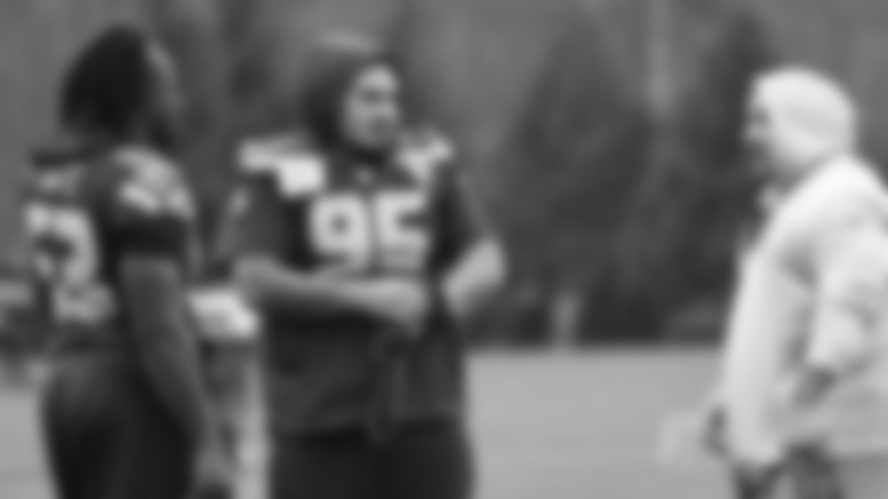 Seahawks linebacker Boye Mafe (53) and nose tackle Brandon Pili (95) practiced on Wednesday, December 24, 2025 at the Virginia Mason Athletic Center.