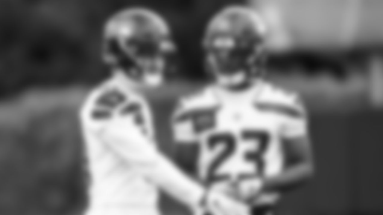 Safety Tanner Volk (41) and safety Shamari Simmons (23) practiced on day two of rookie minicamp on May 3, 2025 at the Virginia Mason Athletic Center.