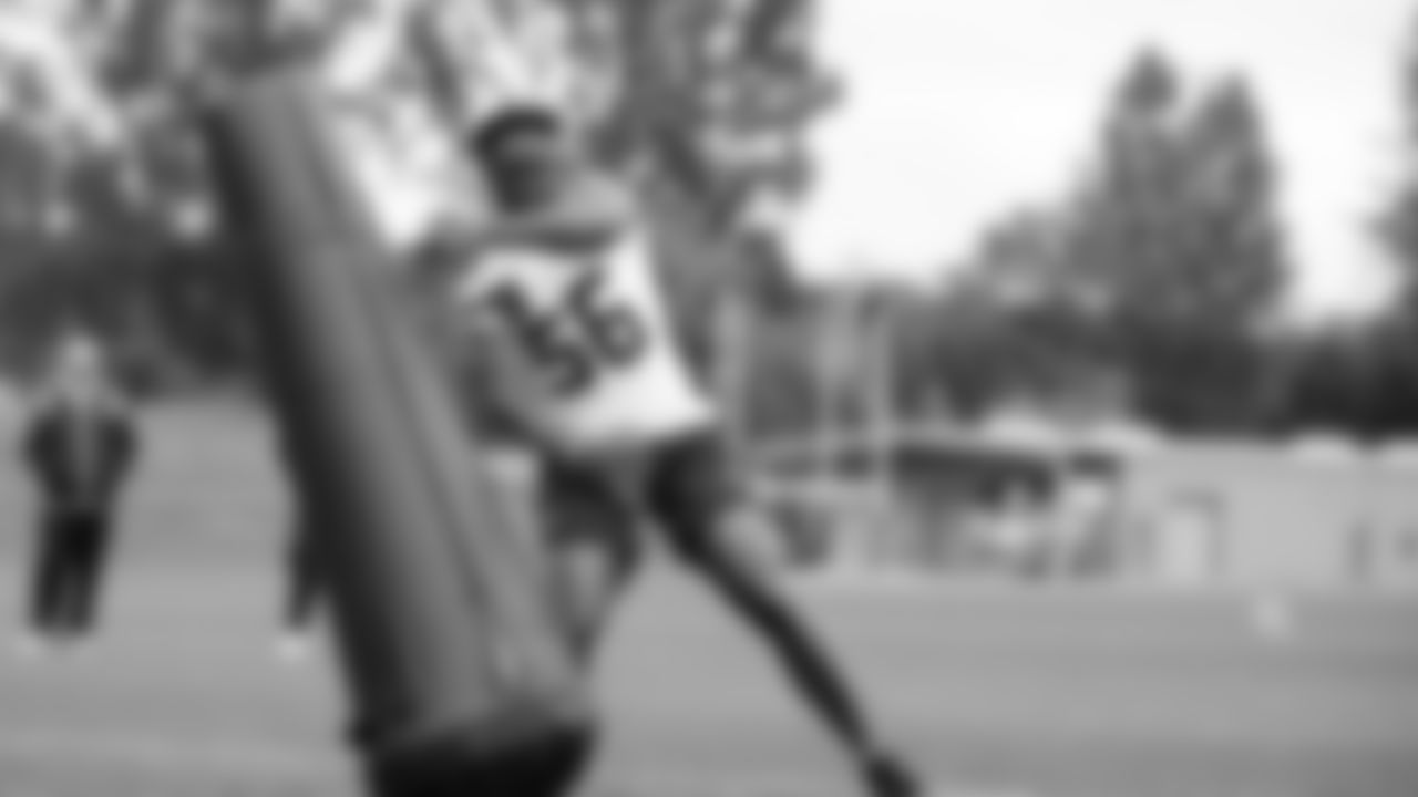 Seahawks linebacker Jalan Gaines (56) participated in a workout on May 15, 2025 at the Virginia Mason Athletic Center.