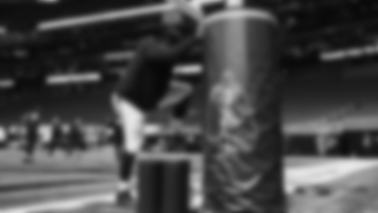 Seahawks tackle Josh Jones (74) warms up at Mercedes-Benz Stadium for the Week 14 matchup vs. the Atlanta Falcons.