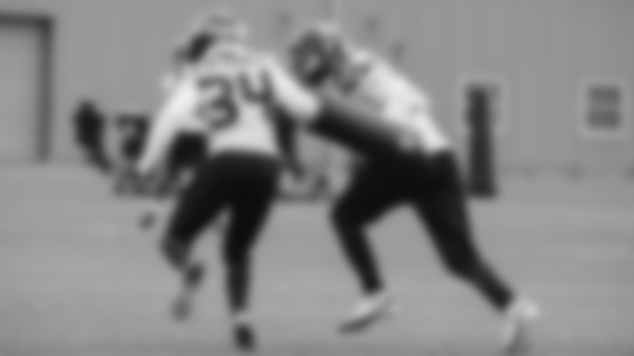 Seahawks cornerback Devon Witherspoon (21) and cornerback Shemar Jean-Charles (34) practiced on Wednesday, January 14, 2026 at the Virginia Mason Athletic Center.