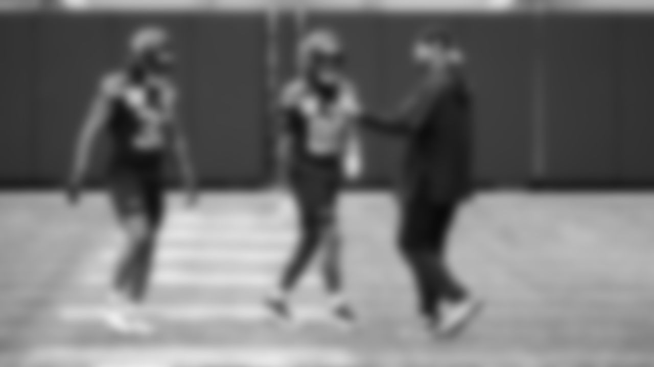 Seahawks running back Velus Jones Jr. (32) and wide receiver Ricky White III (86) practiced on Wednesday, December 10, 2025 at the Virginia Mason Athletic Center.