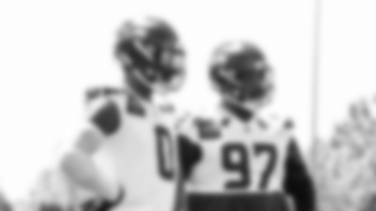Seahawks defensive end DeMarcus Lawrence (0) and defensive tackle Johnathan Hankins (97) participated in a workout on day two of minicamp on Wednesday, June 11, 2025 at the Virginia Mason Athletic Center.