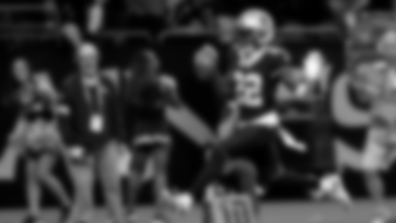 New Orleans Saints wide receiver Rashid Shaheed (22) scores on a 54-yard punt return in the second quarter during the NFL game against the Tampa Bay Buccaneers on Sunday, Oct. 13, 2024 in New Orleans. (Michael DeMocker/ NFL LCC)