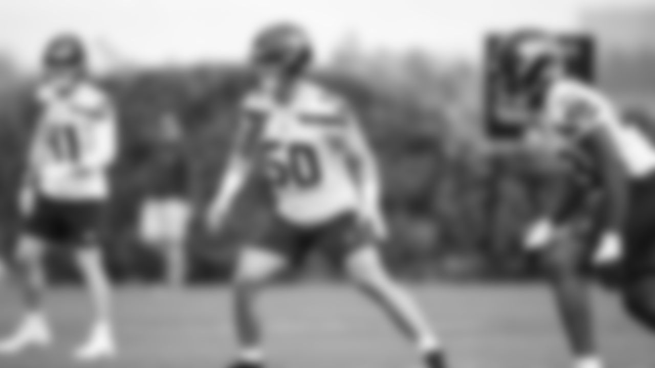 Linebacker Jackson Woodard (50) practiced on day two of rookie minicamp on May 3, 2025 at the Virginia Mason Athletic Center.