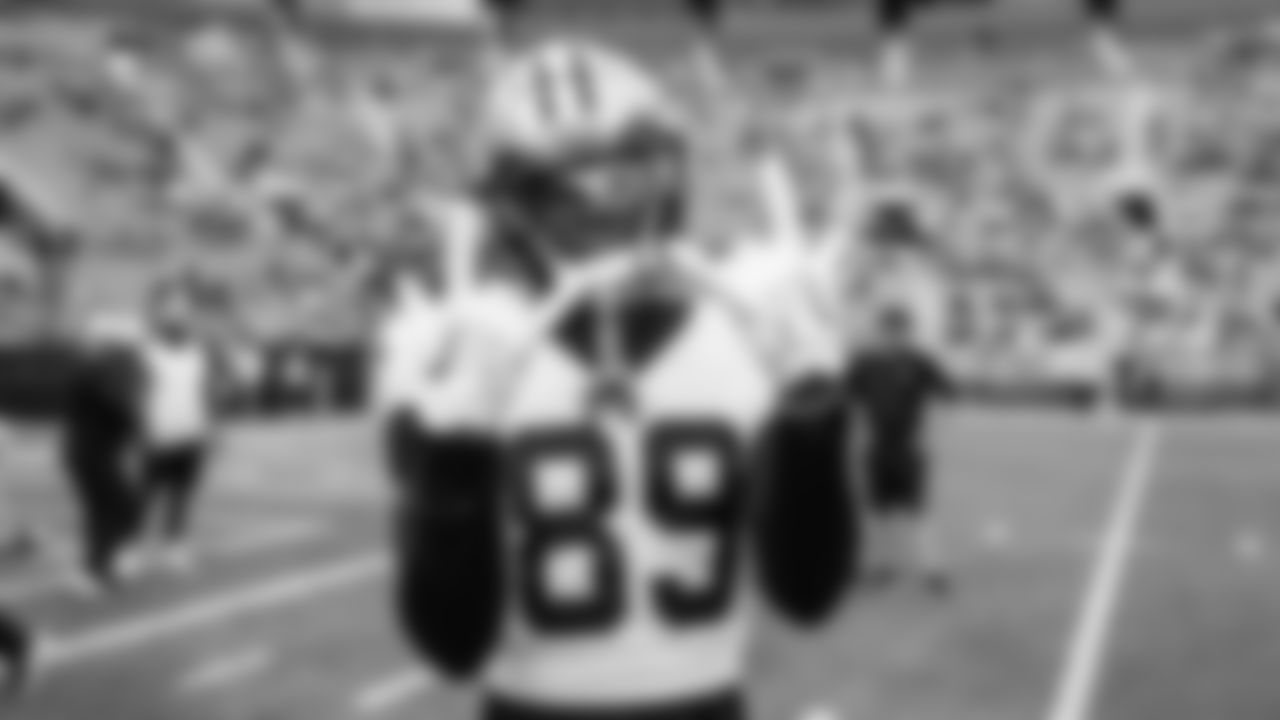 New Orleans Saints wide receiver Rashid Shaheed (89) gestures to the camera prior to an NFL preseason game against the Green Bay Packers, Friday, Aug. 19, 2022, in Green Bay, Wis. (Todd Rosenberg via AP)