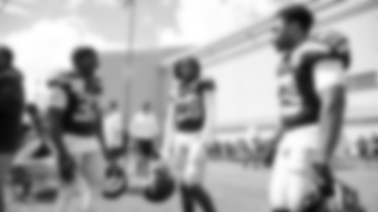 Seahawks safety Jerrick Reed II (32), cornerback Nehemiah Pritchett (28) and cornerback Tyler Hall (33) participated in a joint practice with the Packers at Ray Nitschke Field in Green Bay, Wisconsin.