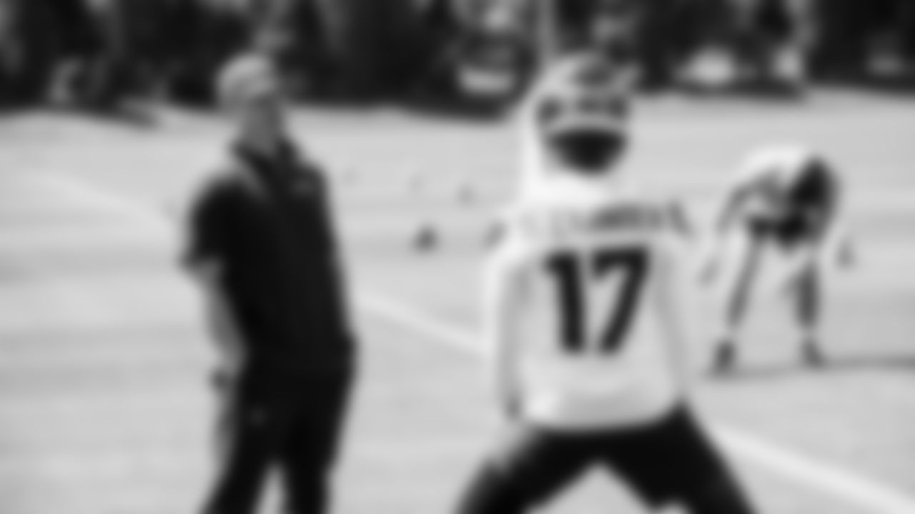 Seahawks head coach Mike Macdonald with cornerback Zy Alexander (17) at practice on day one of rookie minicamp on May 2, 2025 at the Virginia Mason Athletic Center.