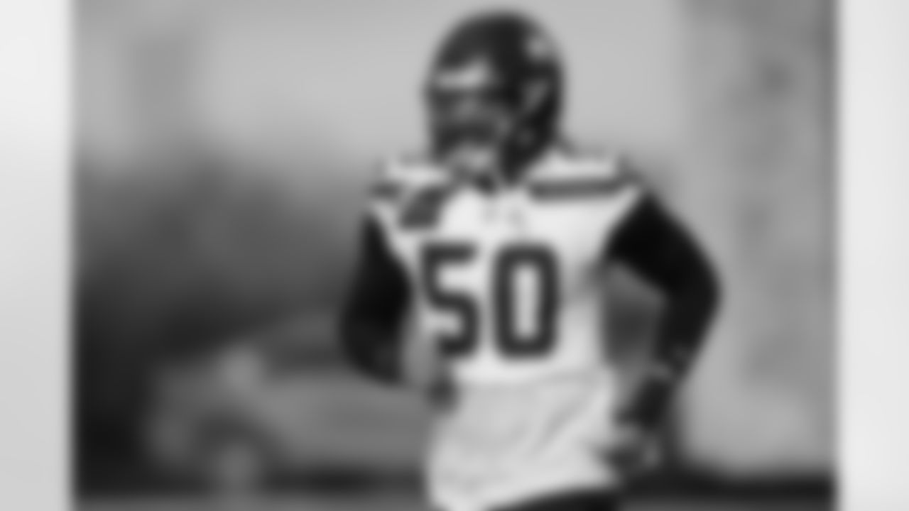 Seahawks linebacker Trevis Gipson (50) practiced on Wednesday, December 11, 2024 at the Virginia Mason Athletic Center