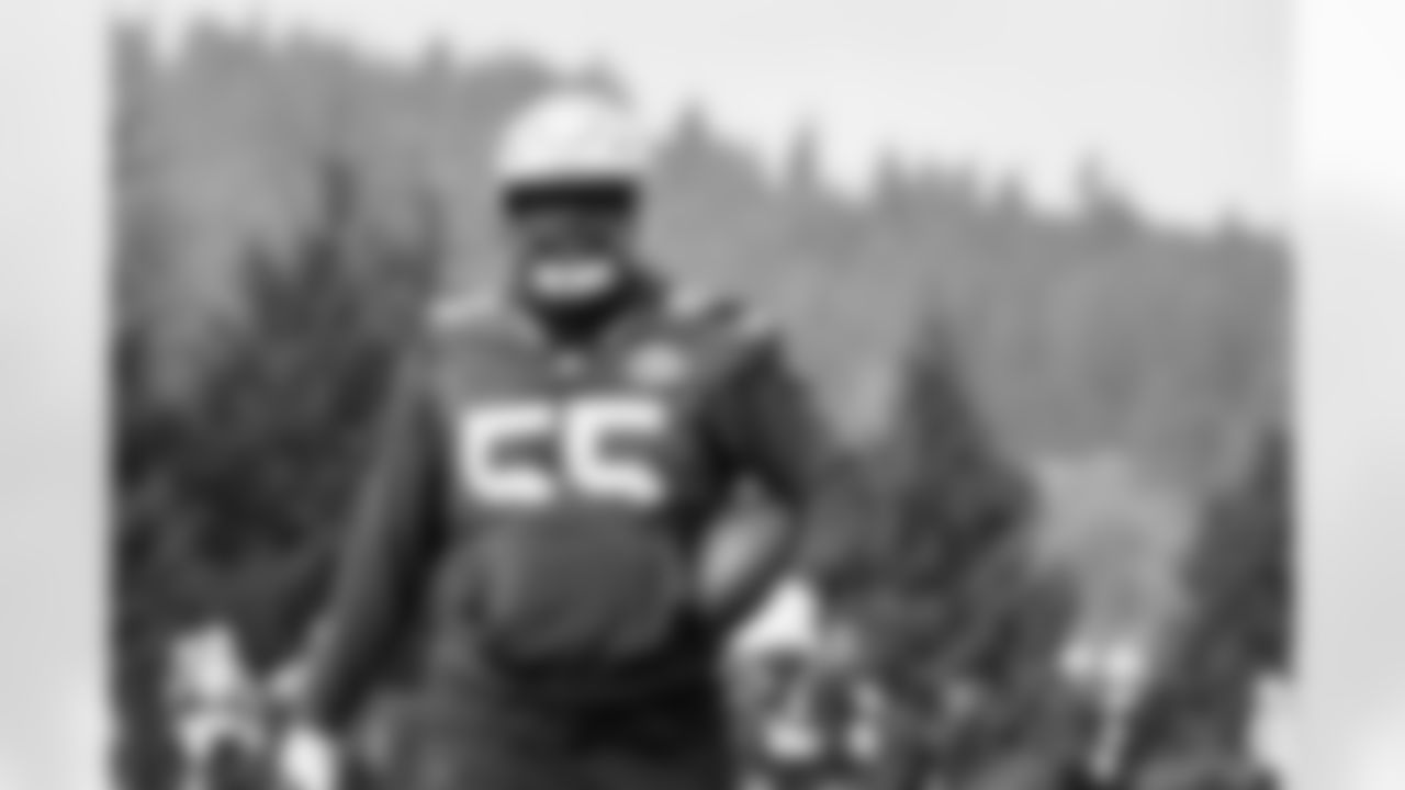Seahawks center Olu Oluwatimi (55) practiced on Friday, October 3, 2025 at the Virginia Mason Athletic Center.
