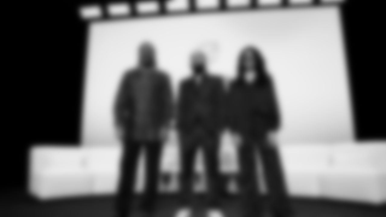 ASL interpreters Fred Beam, Julian Ortiz, and Celimar Cosme pose for a photo at the Apple Music Halftime Show press conference ahead of the Super Bowl 60 football game on Thursday, February 5, 2026 in San Francisco. (Kathryn Riley/NFL)
