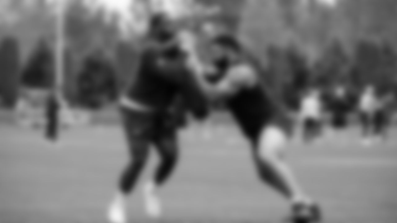 Seahawks tackle Abraham Lucas (72) and tackle Michael Jerrell (65) participated in a workout on May 13, 2025 at the Virginia Mason Athletic Center.