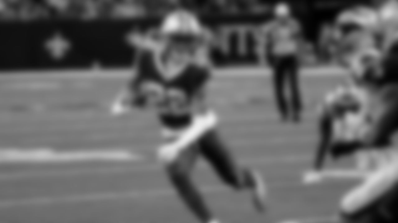 New Orleans Saints wide receiver Rashid Shaheed (22) runs during an NFL football game against the Carolina Panthers in New Orleans, Sunday, Sept. 8, 2024. (AP Photo/Matthew Hinton)