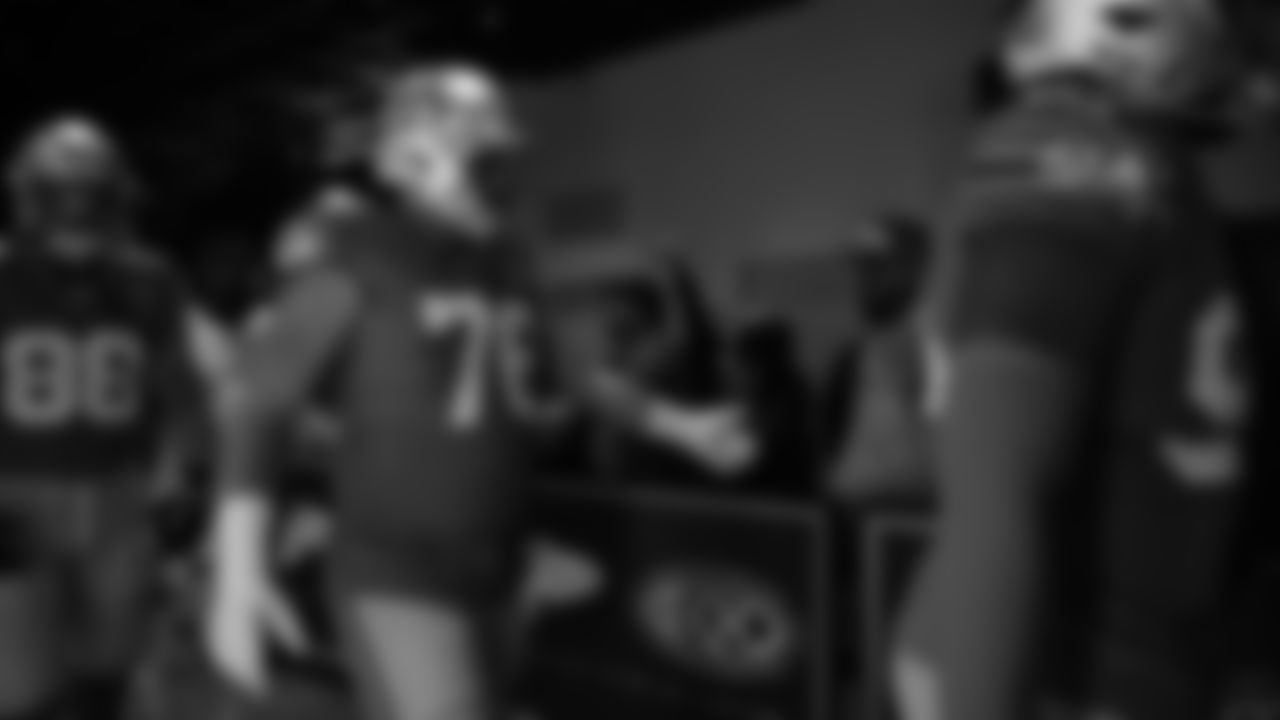 Seahawks guard Grey Zabel (76) walks through the Emerald Queen Casino tunnel club at Lumen Field for the Week 13 matchup vs. the Vikings.