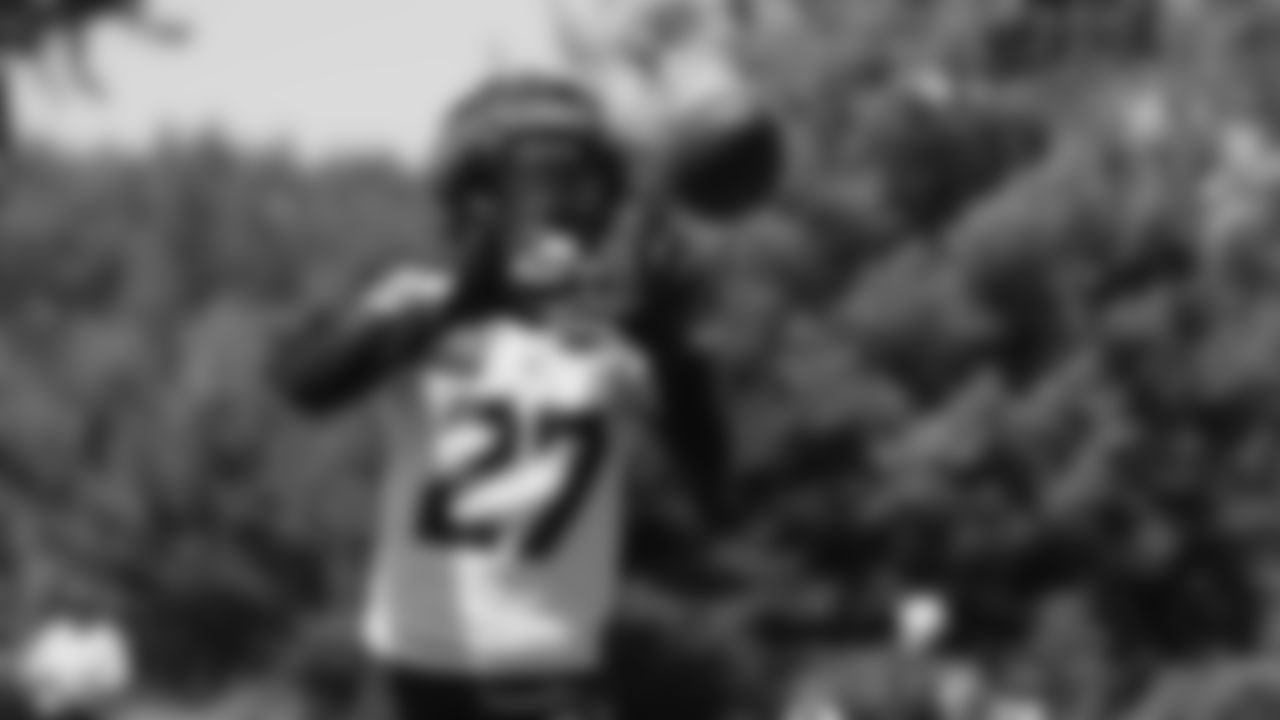 Seahawks cornerback Riq Woolen (27) practiced on day two of training camp on July 24, 2025 at the Virginia Mason Athletic Center