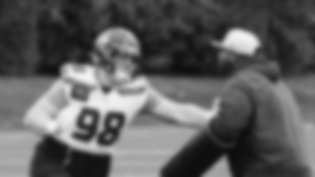 Seahawks defensive tackle Rylie Mills (98) practiced on Thursday, December 11, 2025 at the Virginia Mason Athletic Center.