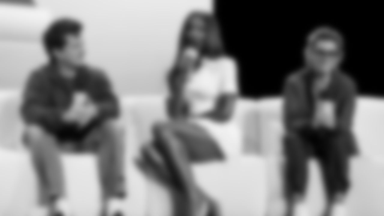 Charlie Puth, Coco Jones and Brandi Carlile answer questions at the Apple Music Halftime Show press conference ahead of the Super Bowl 60 football game on Thursday, February 5, 2026 in San Francisco. (Logan Bowles/NFL)