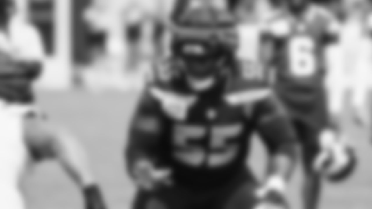 Seahawks center Olu Oluwatimi (55) practiced on day four of training camp on July 26, 2025 at the Virginia Mason Athletic Center.