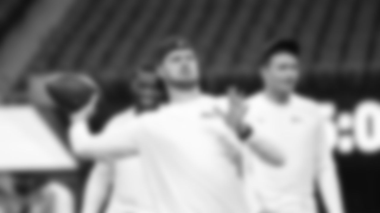 Seahawks quarterback Sam Darnold (14) warms up at Mercedes-Benz Stadium for the Week 14 matchup vs. the Atlanta Falcons.