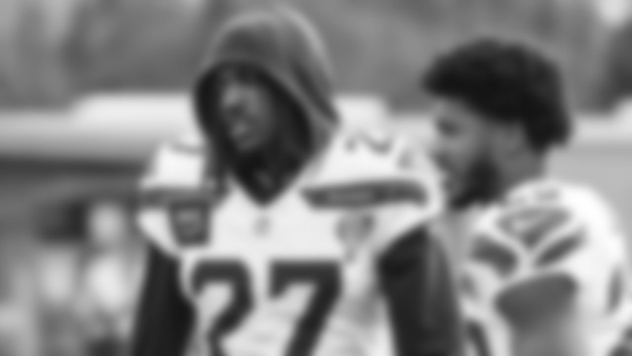 Seahawks cornerback Riq Woolen (27) practiced on Wednesday, October 29, 2025 at the Virginia Mason Athletic Center.