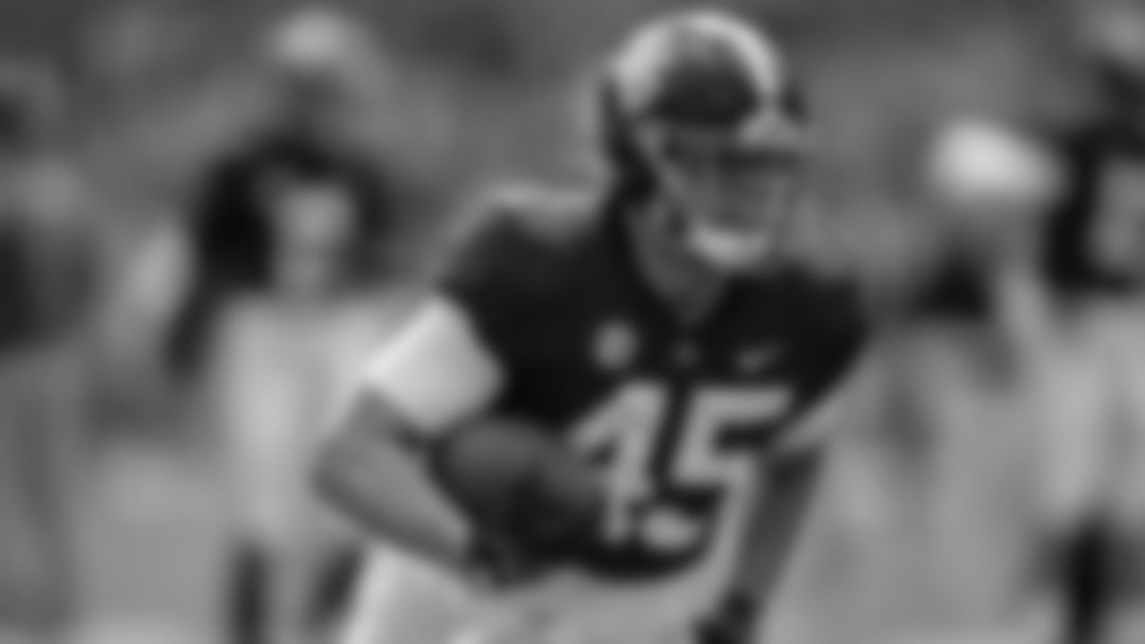Alabama tight end Robbie Ouzts (45) warms up before an NCAA college football game against Mercer, Saturday, Sept. 11, 2021, in Tuscaloosa, Ala. (AP Photo/Vasha Hunt)