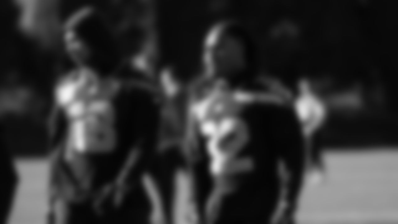 Seahawks running back Velus Jones Jr. (32) and tight end Elijah Arroyo (18) practiced on Friday, January 23, 2026 at the Virginia Mason Athletic Center.