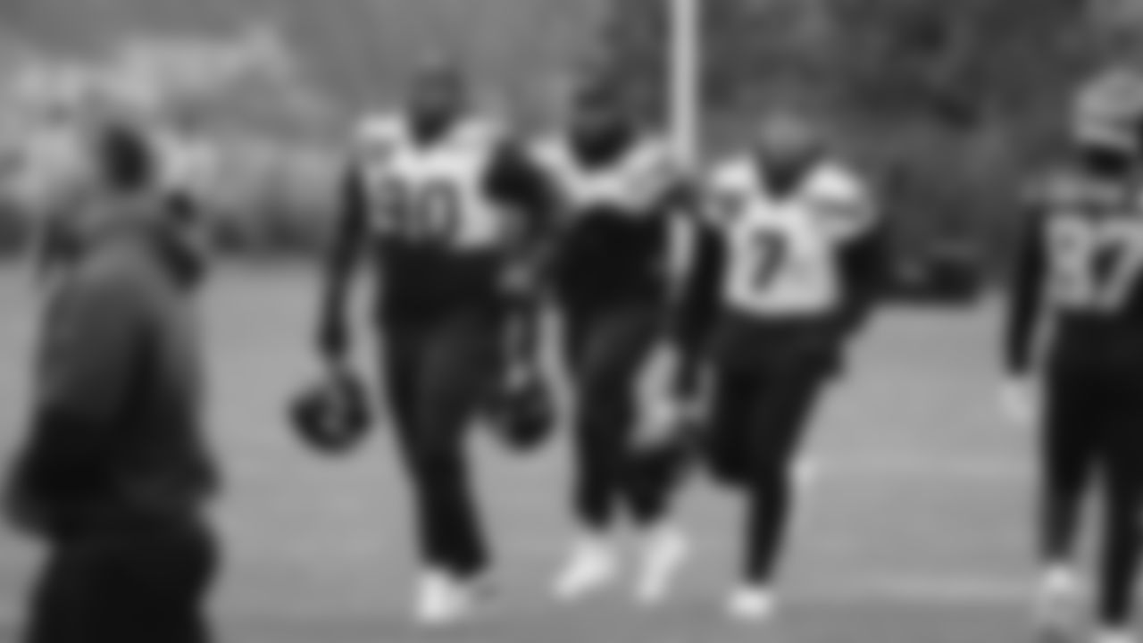 Seahawks defensive tackle Jarran Reed (90), linebacker Derick Hall (58) and linebacker Uchenna Nwosu (7) practiced on Thursday, January 29, 2026 at the Virginia Mason Athletic Center.