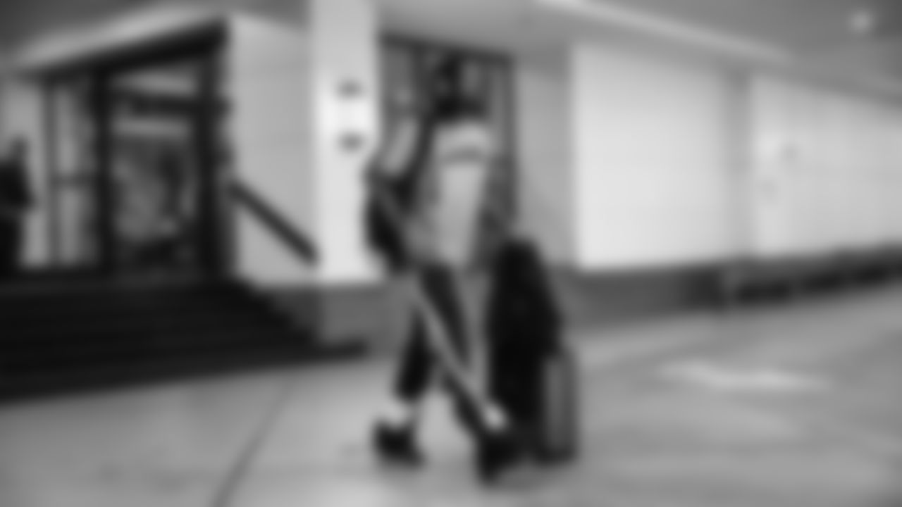 Seahawks cornerback Riq Woolen (27) departed the team hotel for the Week 14 matchup vs. the Atlanta Falcons.