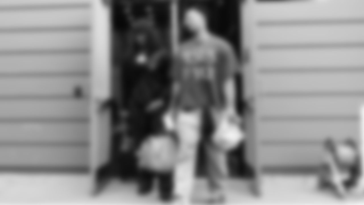 Seahawks linebacker Tyrice Knight (48) and wide receiver Jaxon Smith-Njigba (11) departed the Virginia Mason Athletic Center for the trip to Jacksonville on Friday, October 10, 2025.
