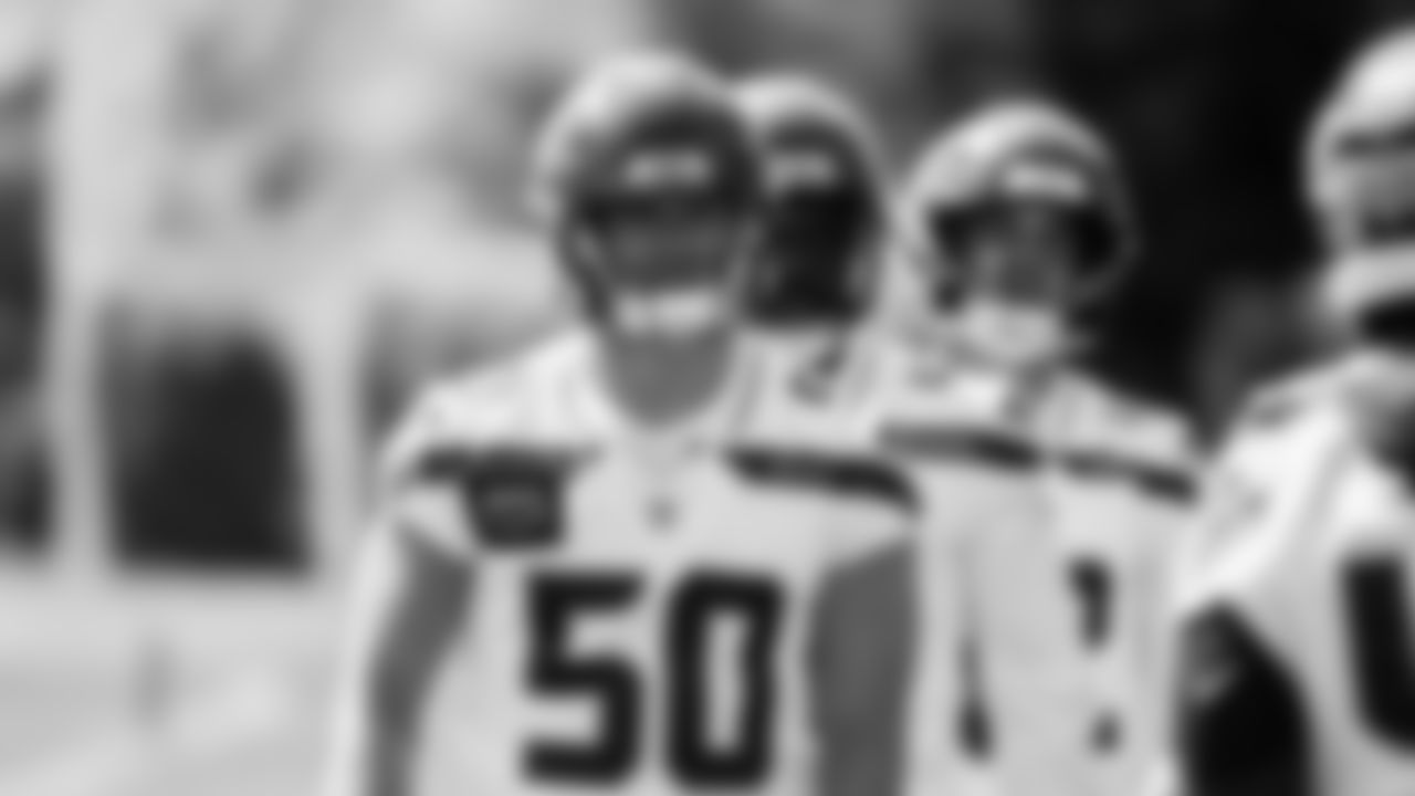 Linebacker Jackson Woodard (50) practiced on day one of rookie minicamp on May 2, 2025 at the Virginia Mason Athletic Center.