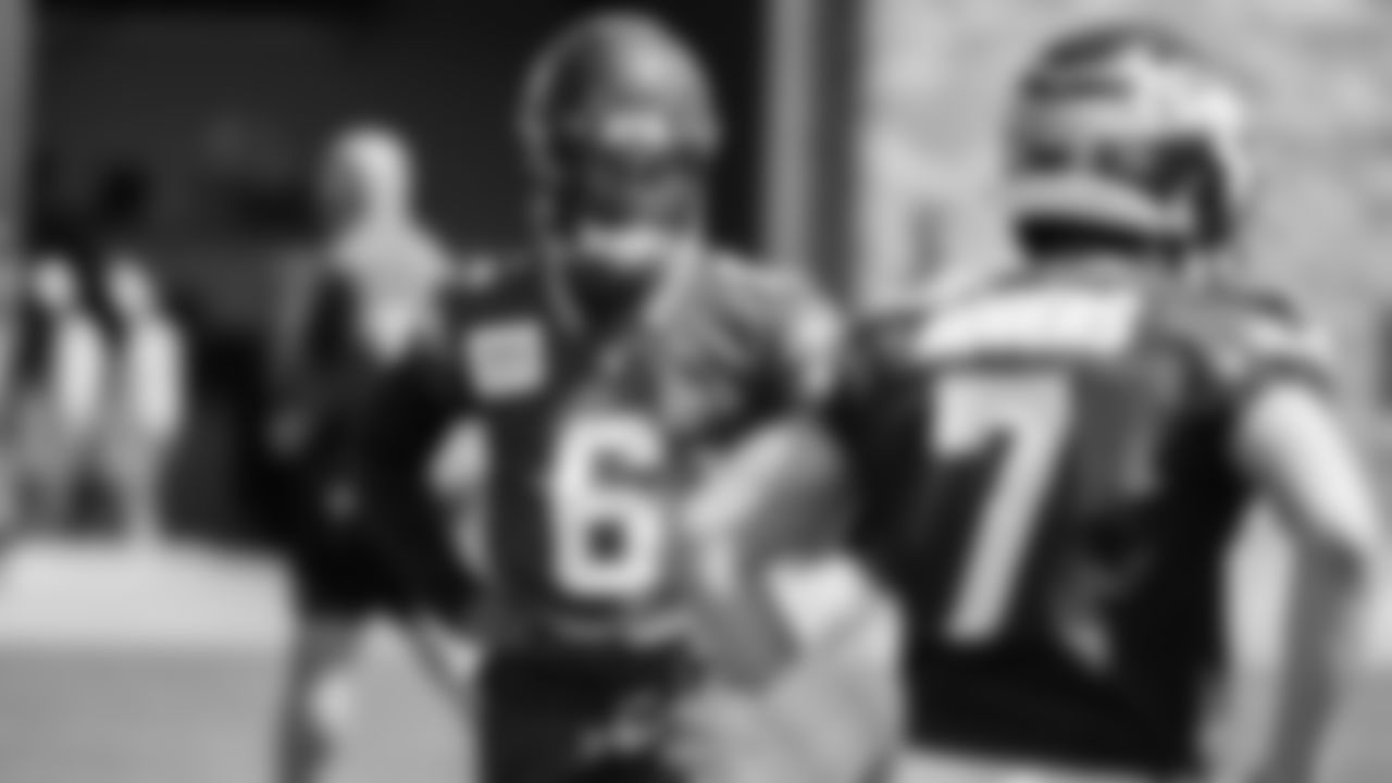Quarterback Jalen Milroe (6) practiced on day one of rookie minicamp on May 2, 2025 at the Virginia Mason Athletic Center.