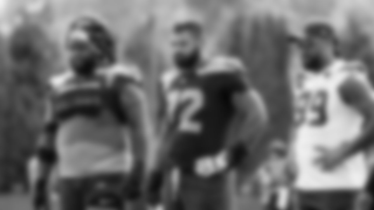 Seahawks tackle Abraham Lucas (72) practiced on August 13, 2025 at the Virginia Mason Athletic Center.