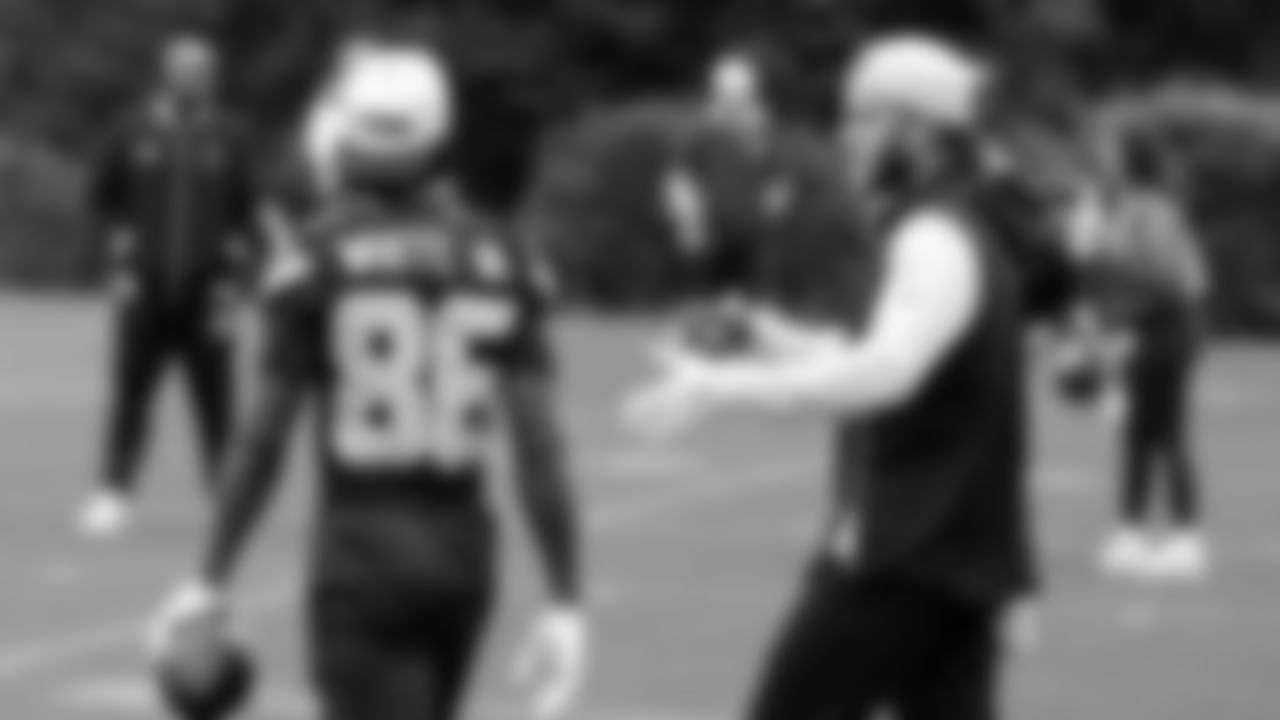 Seahawks wide receiver Ricky White III (86) and wide receiver Cooper Kupp (10) participated in a workout on May 14, 2025 at the Virginia Mason Athletic Center.