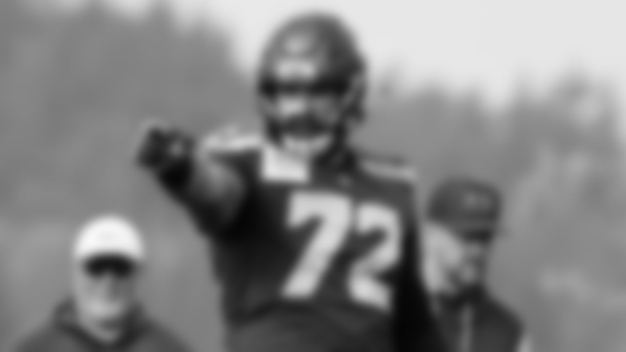 Seahawks tackle Abraham Lucas (72) practiced on Friday, October 17, 2025 at the Virginia Mason Athletic Center.