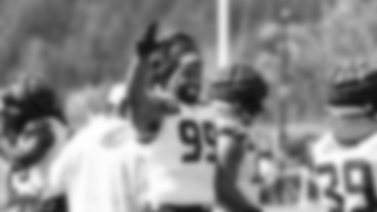 Seahawks defensive end Leonard Williams (99) practiced on day four of training camp on July 26, 2025 at the Virginia Mason Athletic Center.