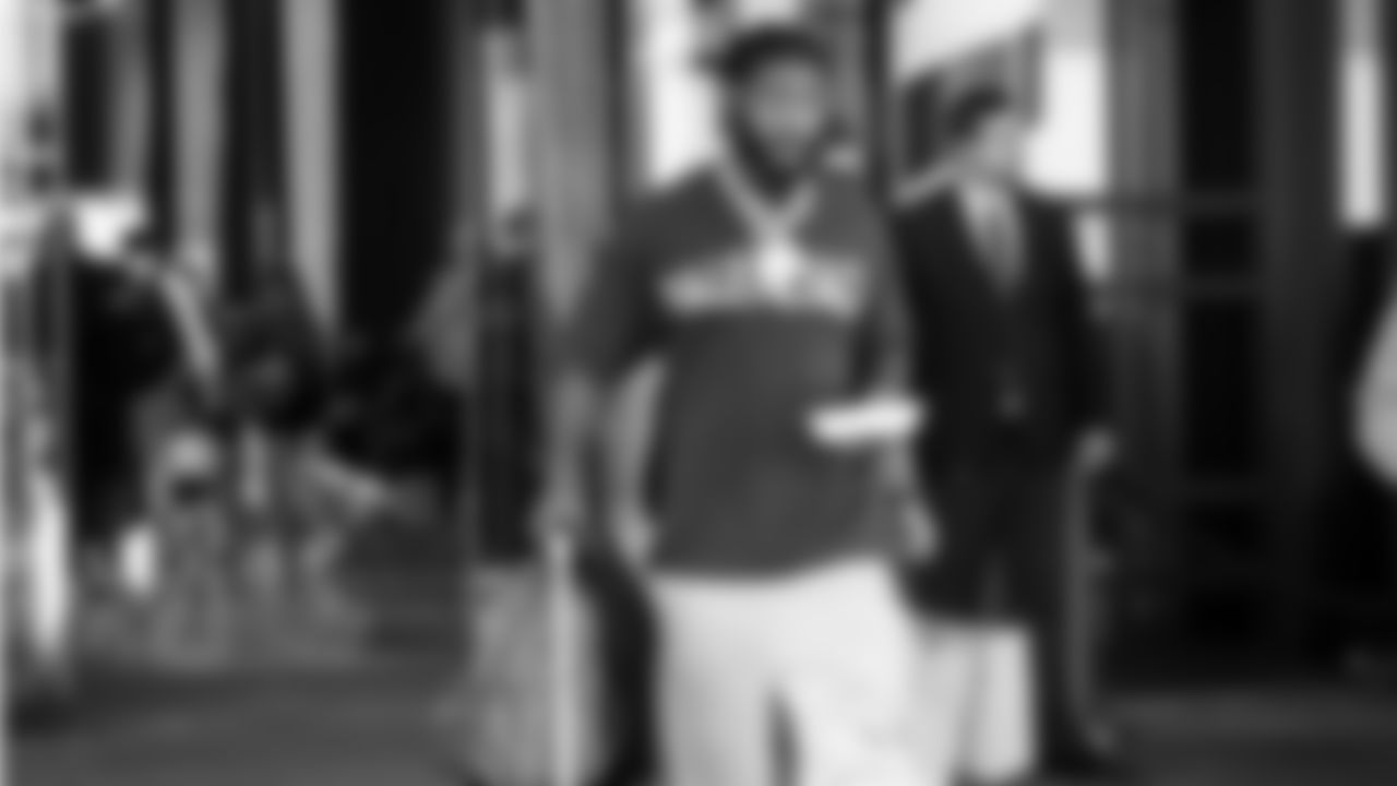 Seahawks linebacker Ernest Jones IV (13) departed the team hotel for the Week 12 matchup vs. the Titans at Nissan Stadium in Nashville, Tennessee.