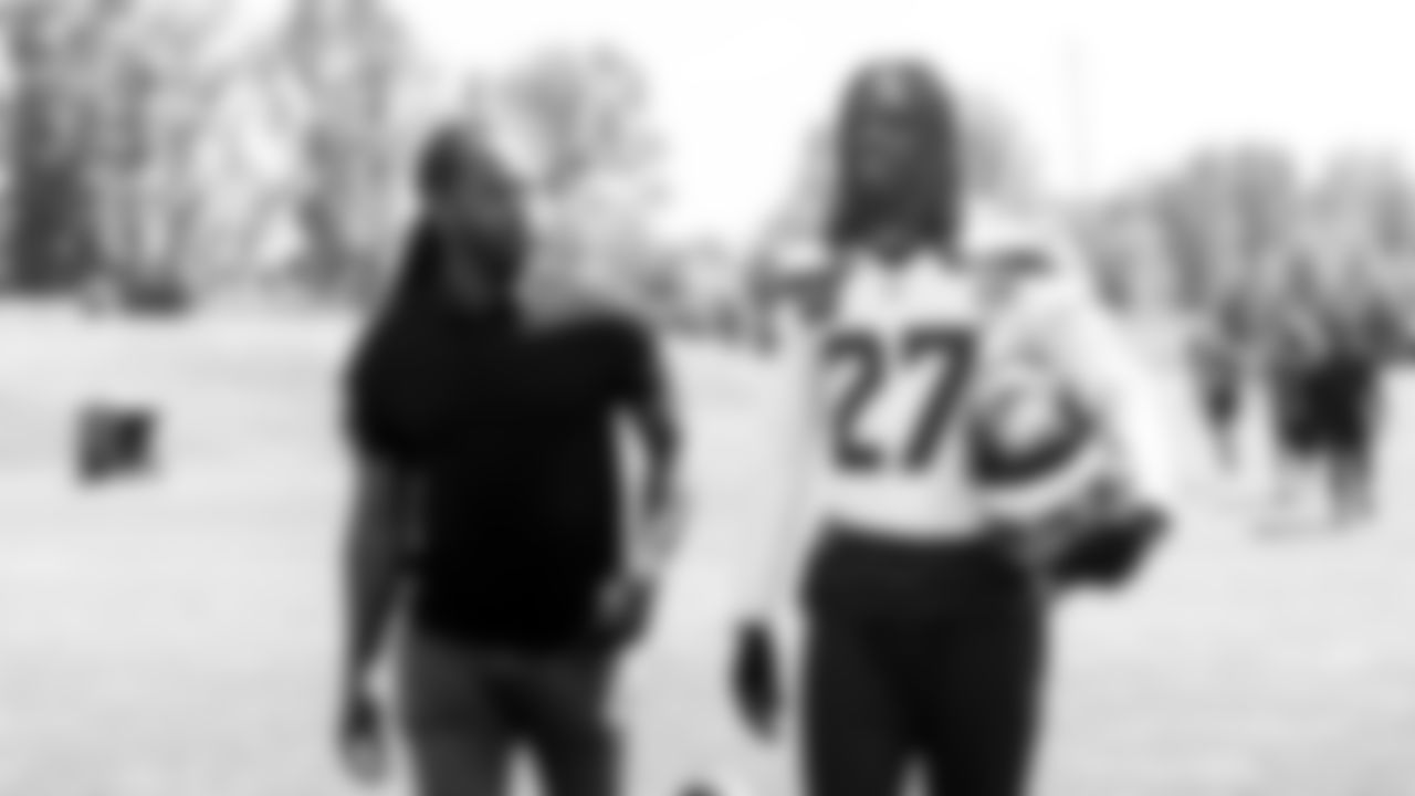 Seahawks Legend Richard Sherman with cornerback Riq Woolen (27) on day two of minicamp on Wednesday, June 11, 2025 at the Virginia Mason Athletic Center.