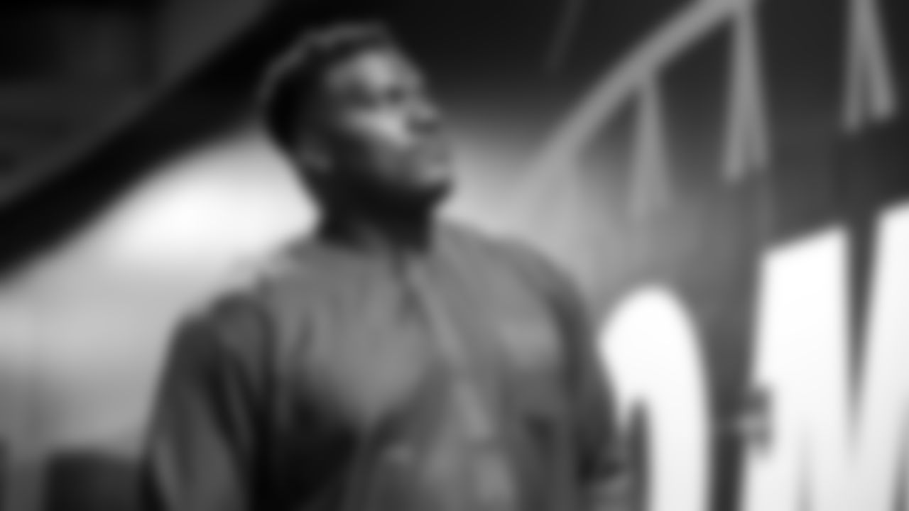 Seahawks center Olu Oluwatimi (55) arrives at Lumen Field for the Week 10 matchup vs. the Arizona Cardinals.